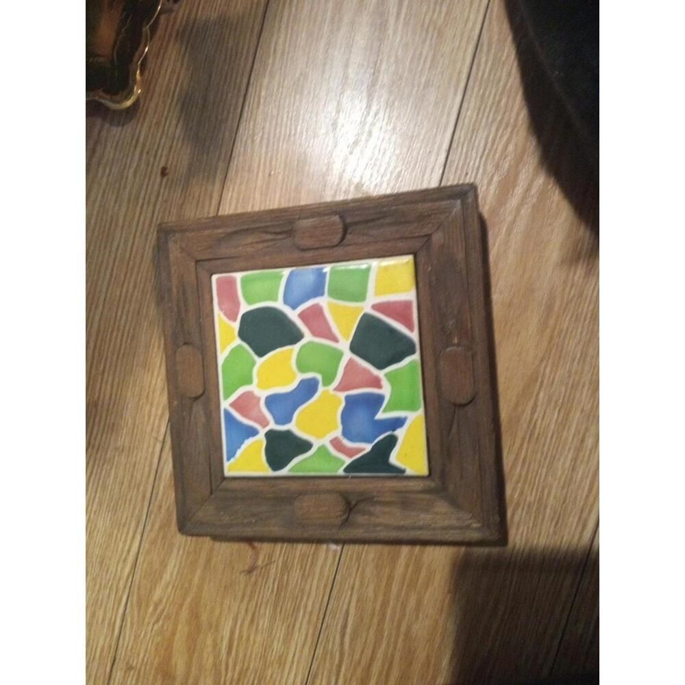 Vintage Hand carved Wood Trivet With Mexican Tile